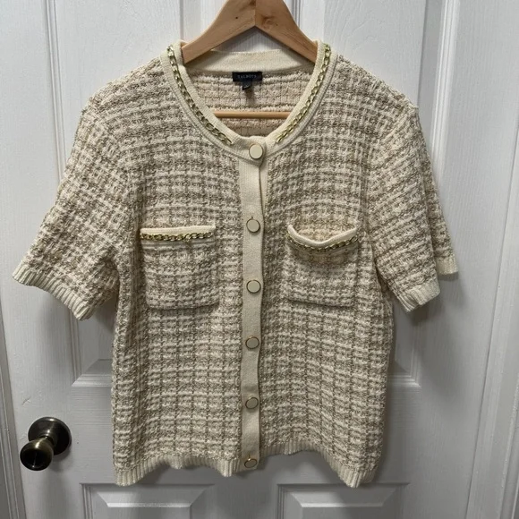 Talbots Ivory Metallic Jacquard Chain Trim Knit Short Sleeve Cardigan, Large - Picture 2 of 9